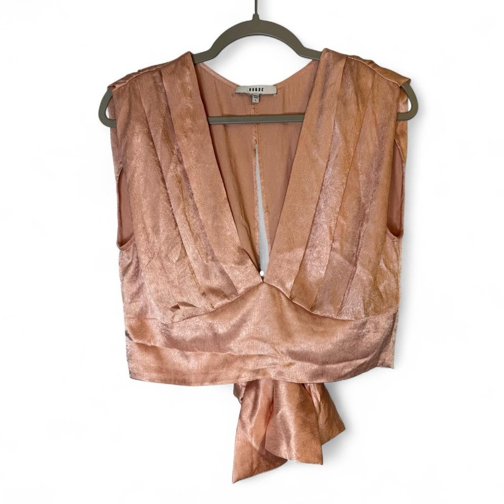 Ro & De Pink Satin Coquette Party Going Out Sleeveless V Neck Crop Top, Size L.
